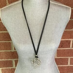 Brighton Silver Tone Quatrefoil Pendant Necklace - Long Black Cord - Designer